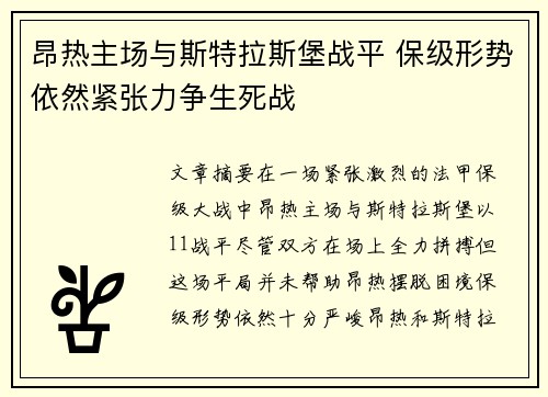 昂热主场与斯特拉斯堡战平 保级形势依然紧张力争生死战
