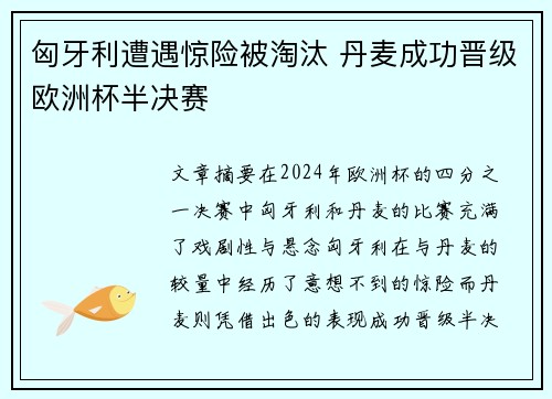 匈牙利遭遇惊险被淘汰 丹麦成功晋级欧洲杯半决赛