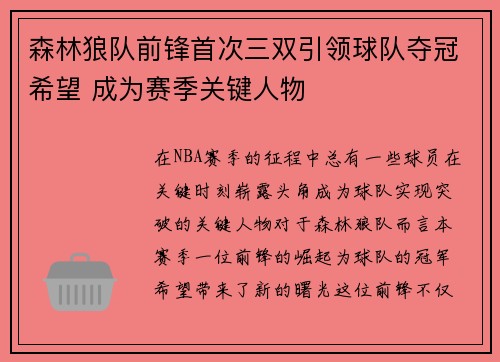 森林狼队前锋首次三双引领球队夺冠希望 成为赛季关键人物
