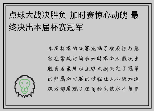 点球大战决胜负 加时赛惊心动魄 最终决出本届杯赛冠军