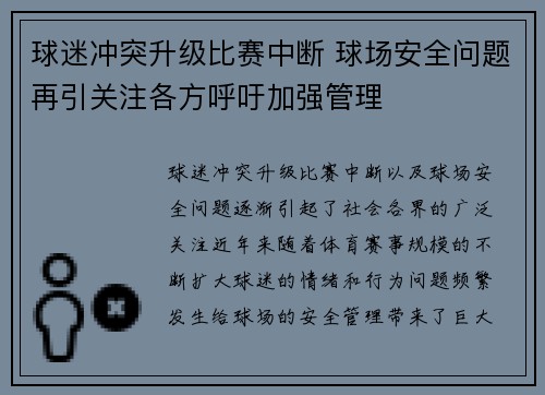 球迷冲突升级比赛中断 球场安全问题再引关注各方呼吁加强管理