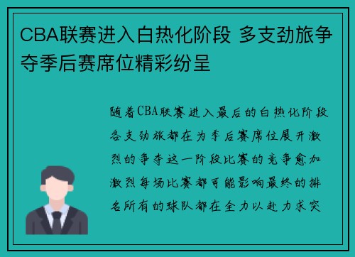 CBA联赛进入白热化阶段 多支劲旅争夺季后赛席位精彩纷呈